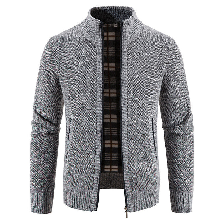Men's Knit Cardigan Full-Zip Stand Collar Checked-Lined Zip-Pocket Slim