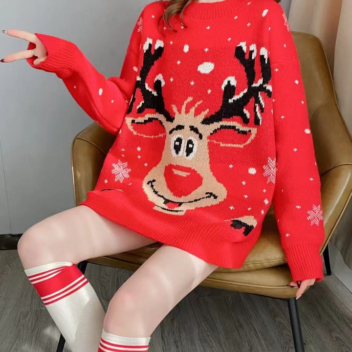 Women's Tacky Christmas Sweater Reindeer Graphic Festive Holiday Red