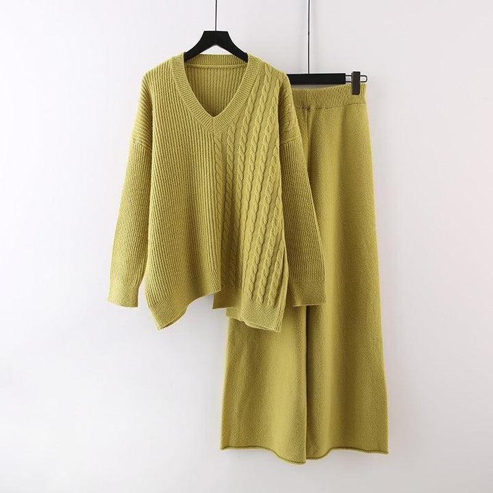 Women's Cable Knit Sweater Wide-Leg Pants Two-Piece Set Green