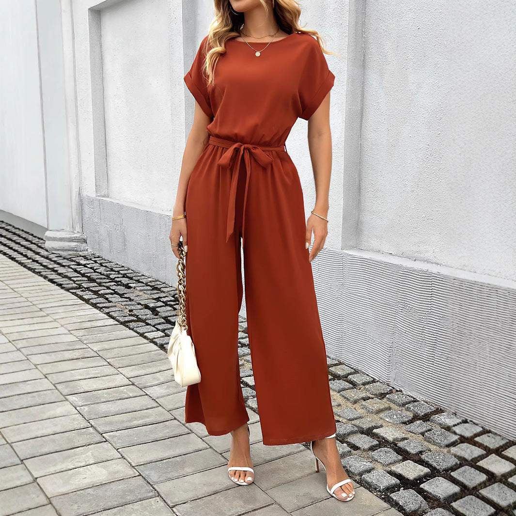 Women's Wide Leg Jumpsuit Short Sleeve Boat Neck Belted Tie-Waist Elegant