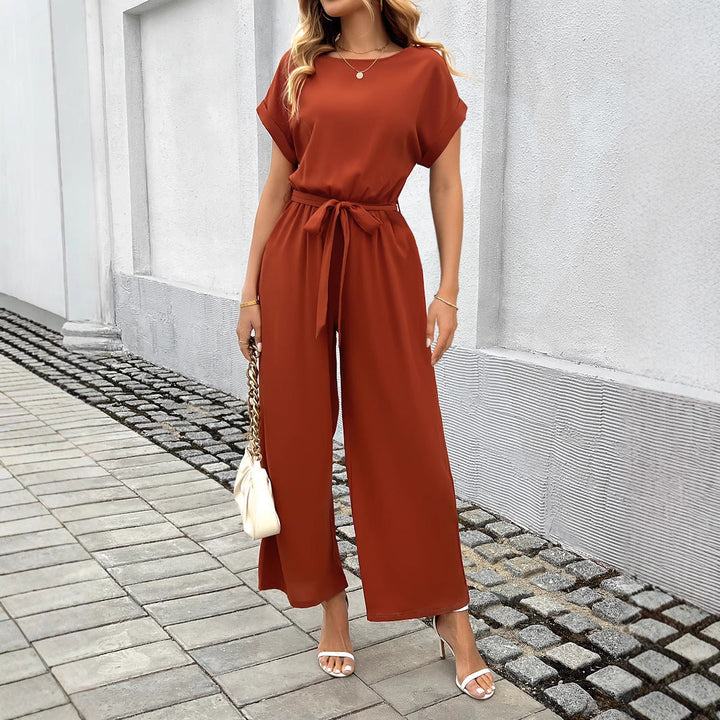 Women's Wide Leg Jumpsuit Short Sleeve Boat Neck Belted Tie-Waist Elegant