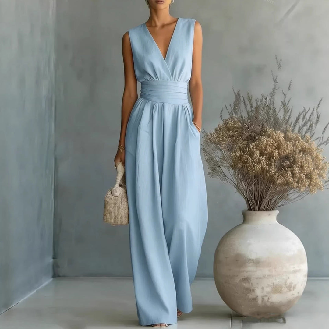 Women's Wide Leg Jumpsuit Sleeveless V-Neck Twist-Front Wrap Flowy Elegant