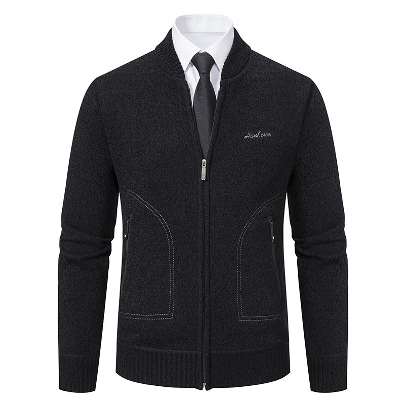 Men's Business Knit Cardigan Stand Collar Full-Zip Zip-Pocket Slim
