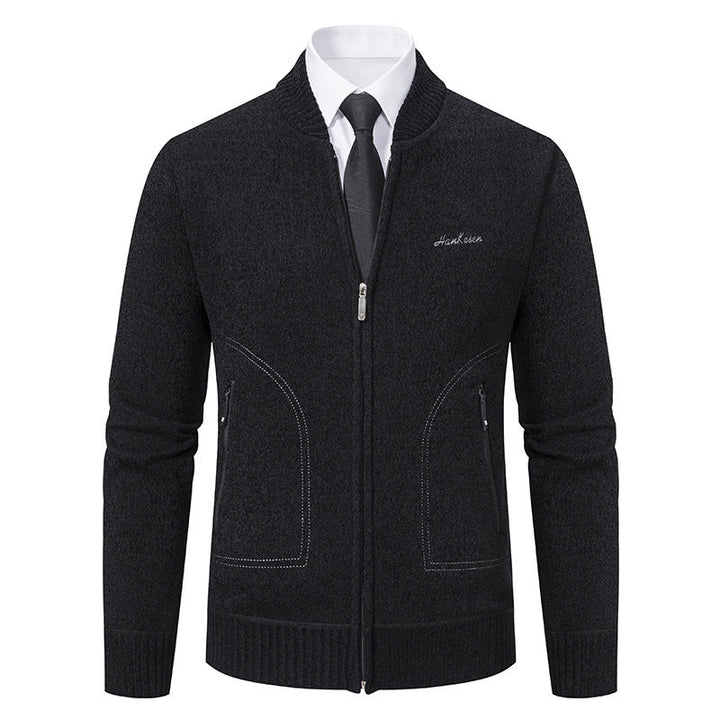 Men's Business Knit Cardigan Stand Collar Full-Zip Zip-Pocket Slim
