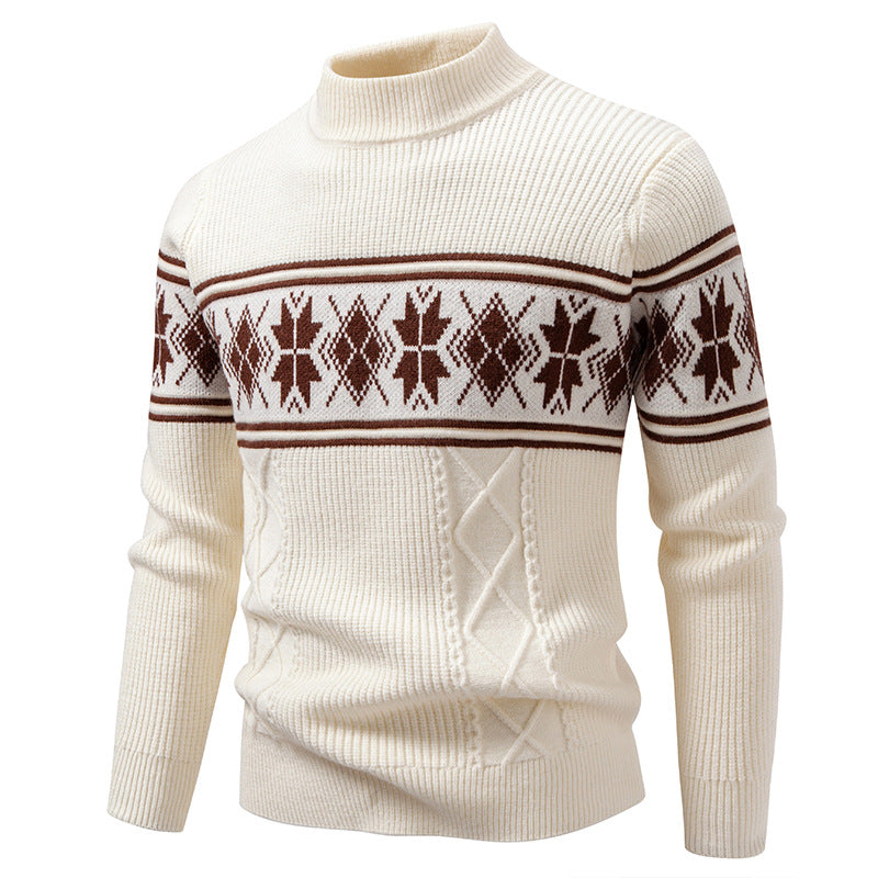 Men's Structured Knit Sweater Mock Neck Norwegian Snowflake Cable Textured