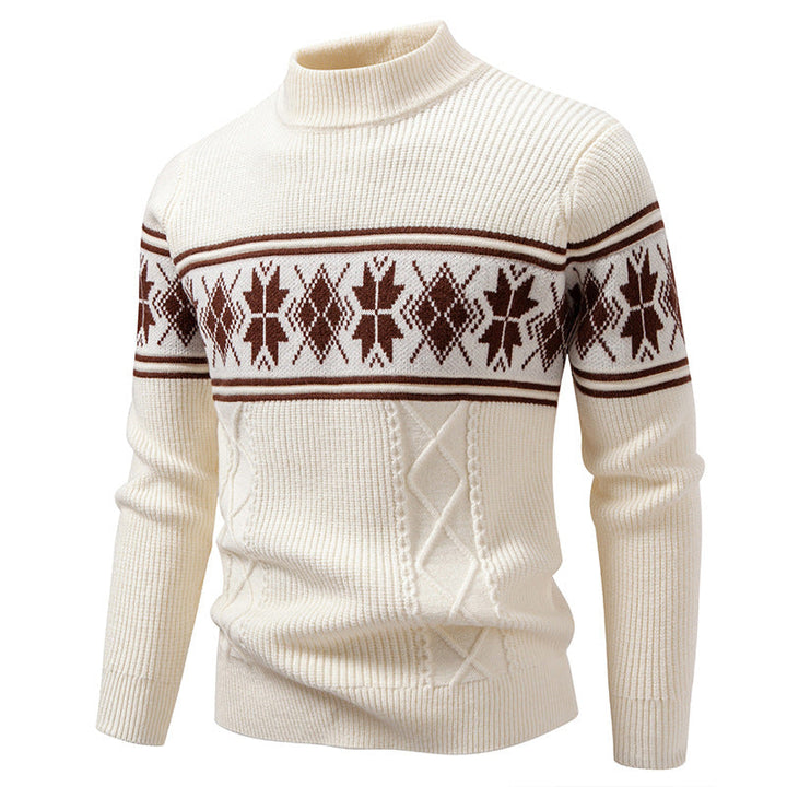Men's Structured Knit Sweater Mock Neck Norwegian Snowflake Cable Textured
