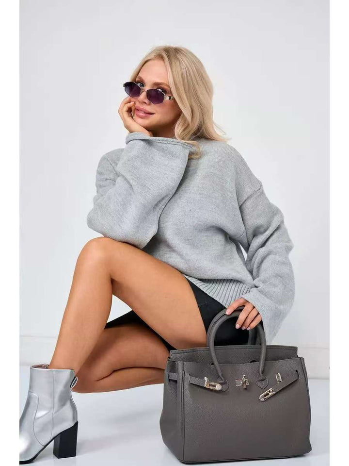 Women's Elegant Oversized Sweater with Loose Fit and Stand Collar Drune
