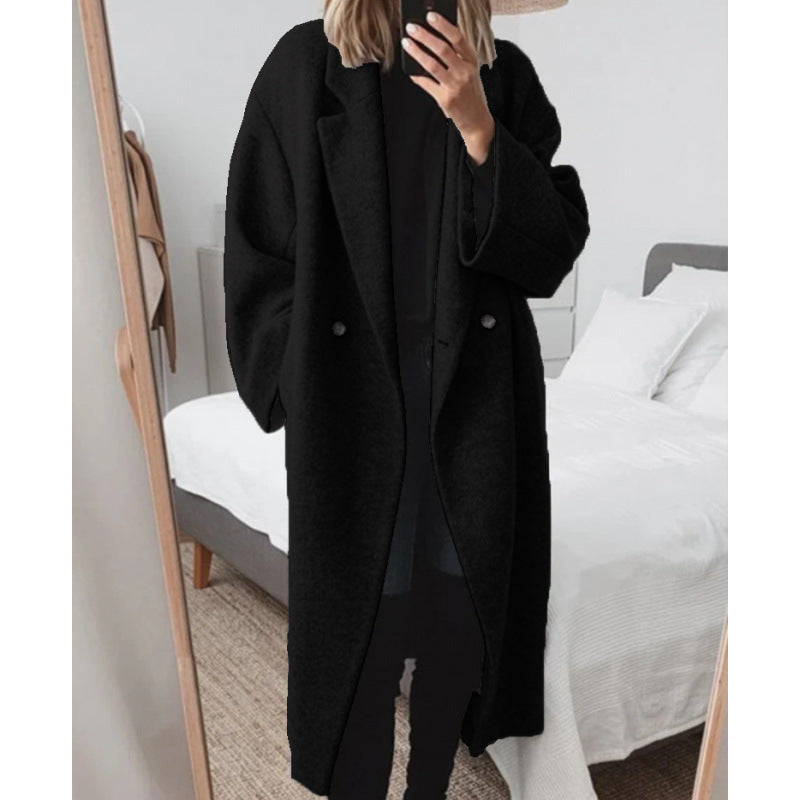 Women's Oversized Double-Breasted Wool-Blend Coat Notch Lapel Longline Winter