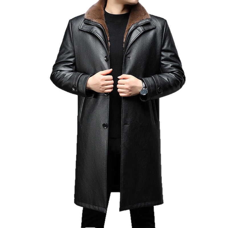 Men's Black Leather Long Coat Removable Fur Collar Thermal-Lined Button Winter Overcoat