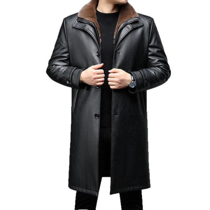 Men's Black Leather Long Coat Removable Fur Collar Thermal-Lined Button Winter Overcoat