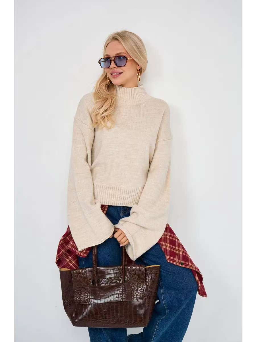 Women's Elegant Oversized Sweater with Loose Fit and Stand Collar Drune