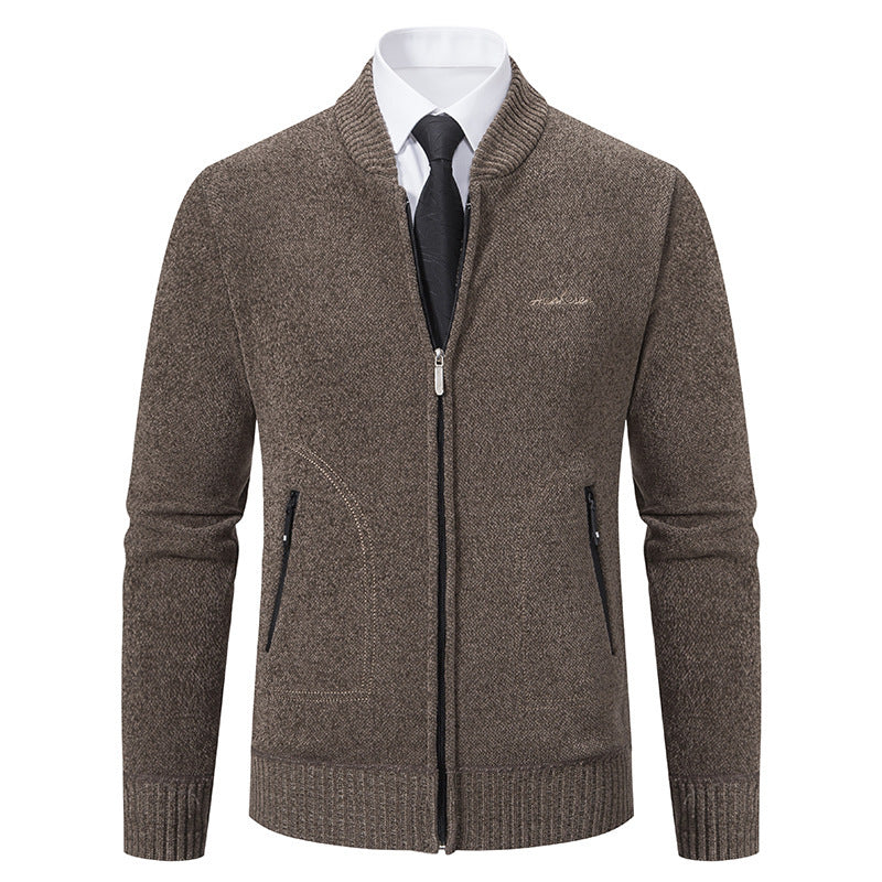 Men's Business Knit Cardigan Stand Collar Full-Zip Zip-Pocket Slim