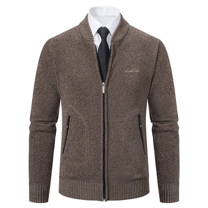 Men's Business Knit Cardigan Stand Collar Full-Zip Zip-Pocket Slim