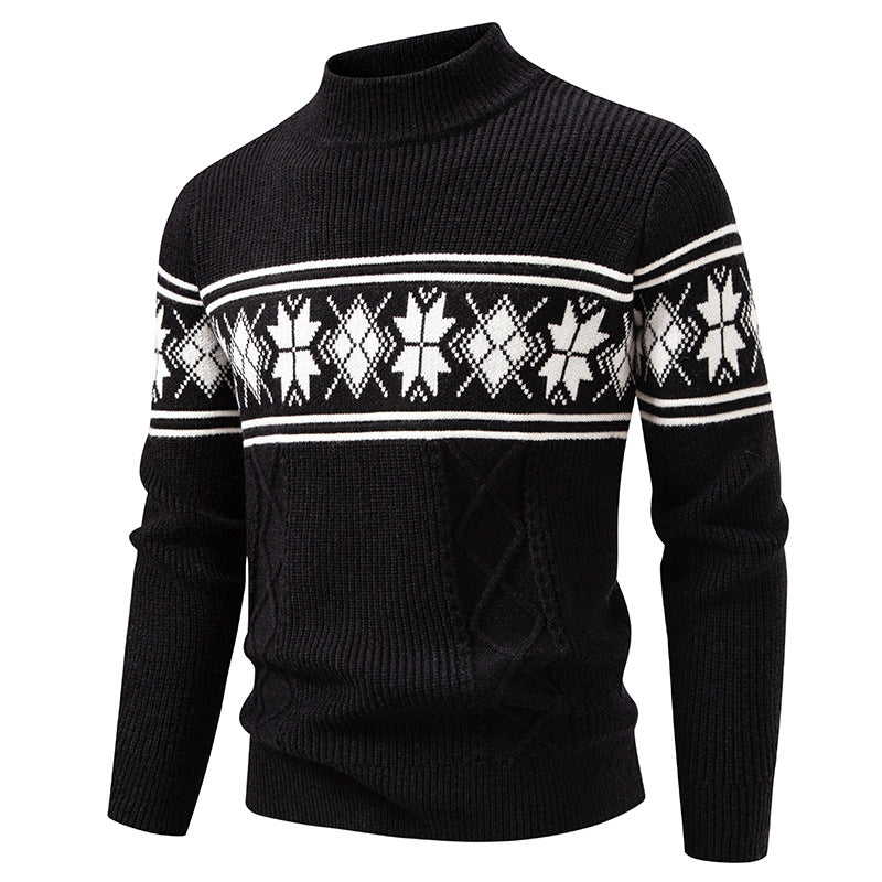 Men's Structured Knit Sweater Mock Neck Norwegian Snowflake Cable Textured