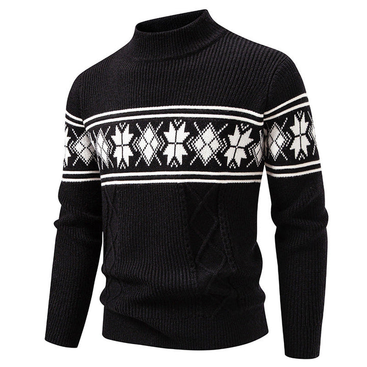 Men's Structured Knit Sweater Mock Neck Norwegian Snowflake Cable Textured