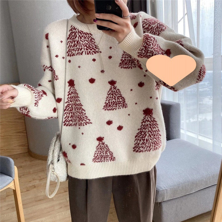 Women's Festive Christmas Sweater Tree Print Crewneck Oversized Holiday