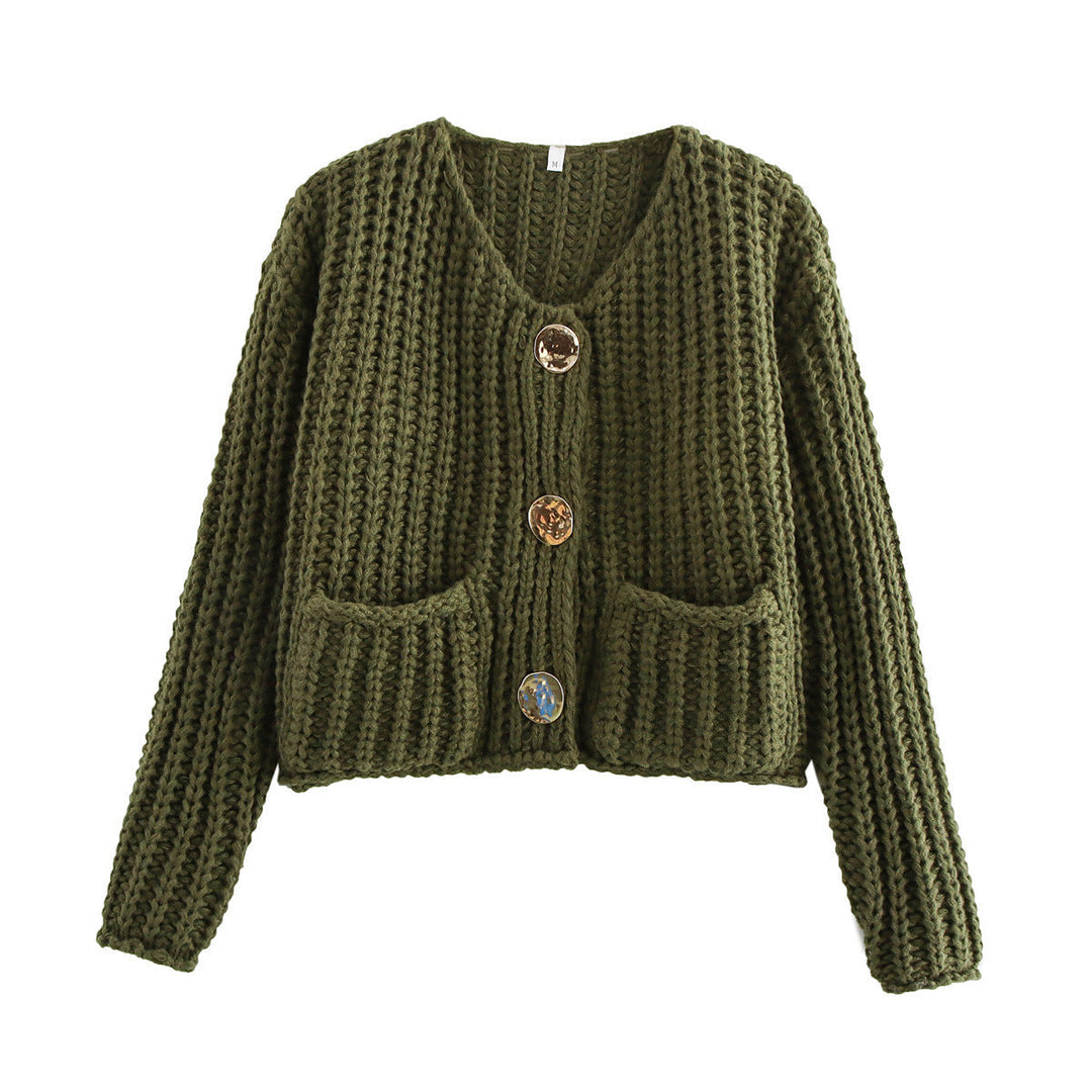 Women's Chunky Ribbed Knit Cardigan V-Neck Patch Pockets Statement Buttons