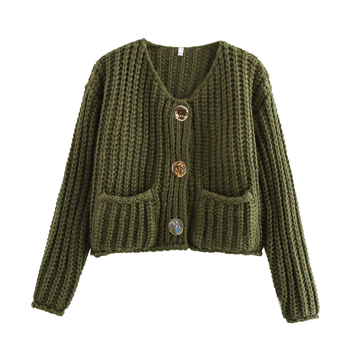 Women's Chunky Ribbed Knit Cardigan V-Neck Patch Pockets Statement Buttons