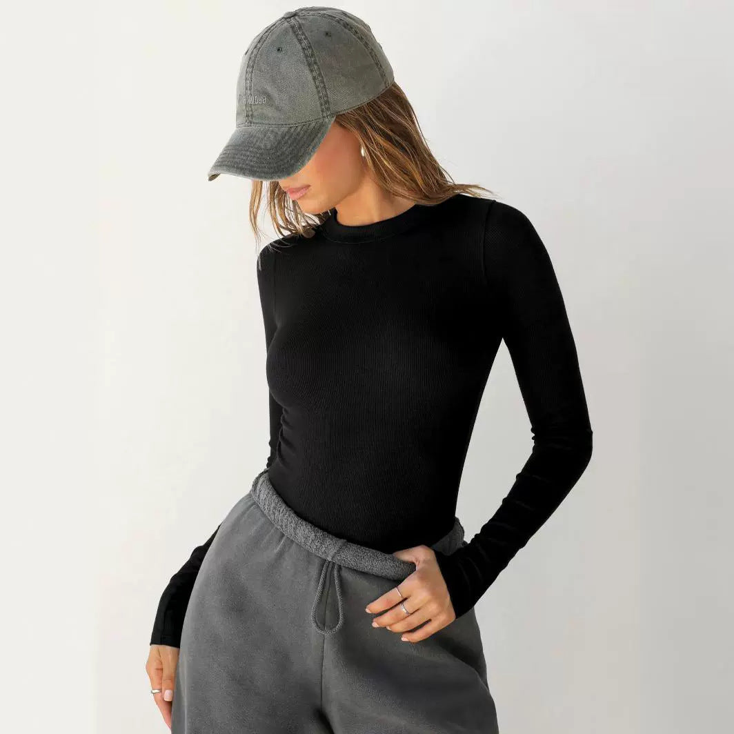 Women's Long-Sleeve Ribbed Top with Elegant Round Neck and Figure-Hugging Cut Drune