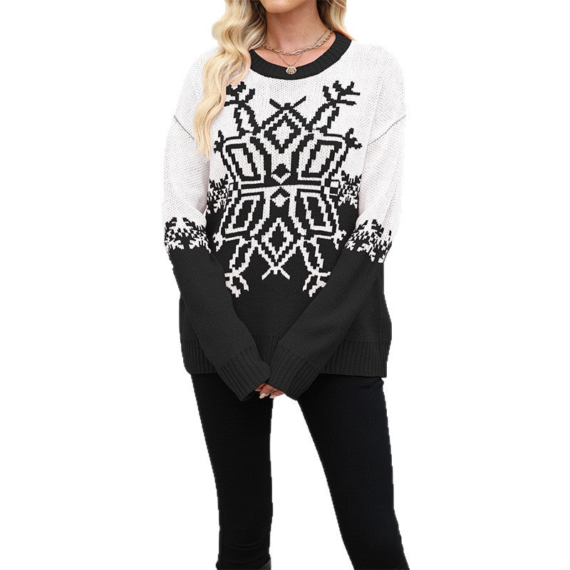 Women's Festive Christmas Sweater Snowflake Colorblock Crewneck Drop-Shoulder Holiday