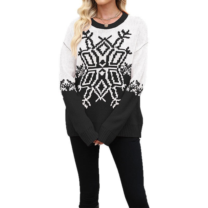 Women's Festive Christmas Sweater Snowflake Colorblock Crewneck Drop-Shoulder Holiday
