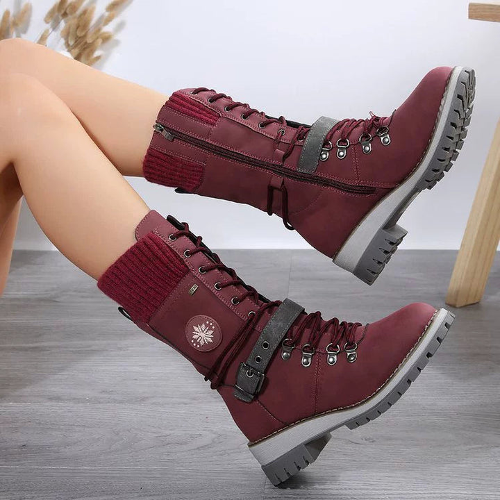 Women's Snow Boots Lace-Up Buckle Knit-Cuff Non-Slip Winter Warm