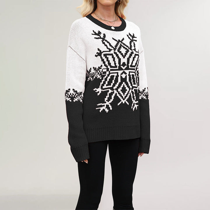Women's Festive Christmas Sweater Snowflake Colorblock Crewneck Drop-Shoulder Holiday