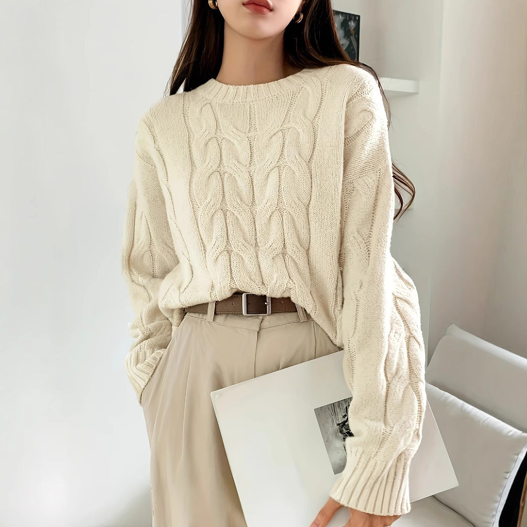 Women's Chunky Cable Knit Sweater Crewneck Drop-Shoulder Loose Relaxed Pullover
