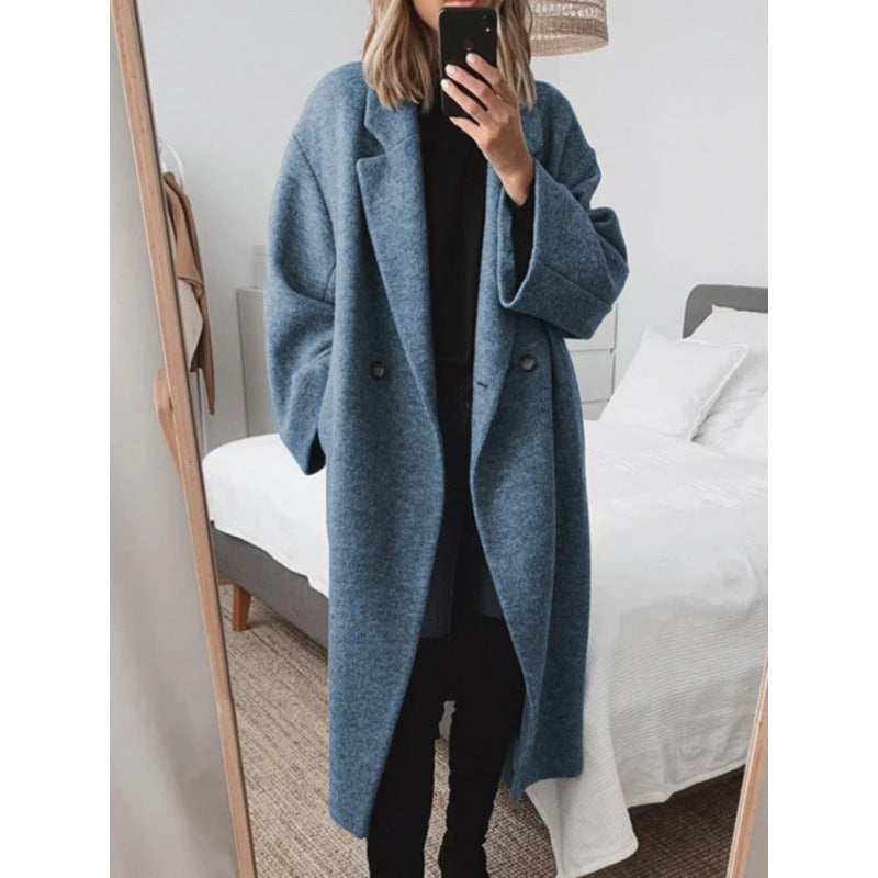 Women's Oversized Double-Breasted Wool-Blend Coat Notch Lapel Longline Winter