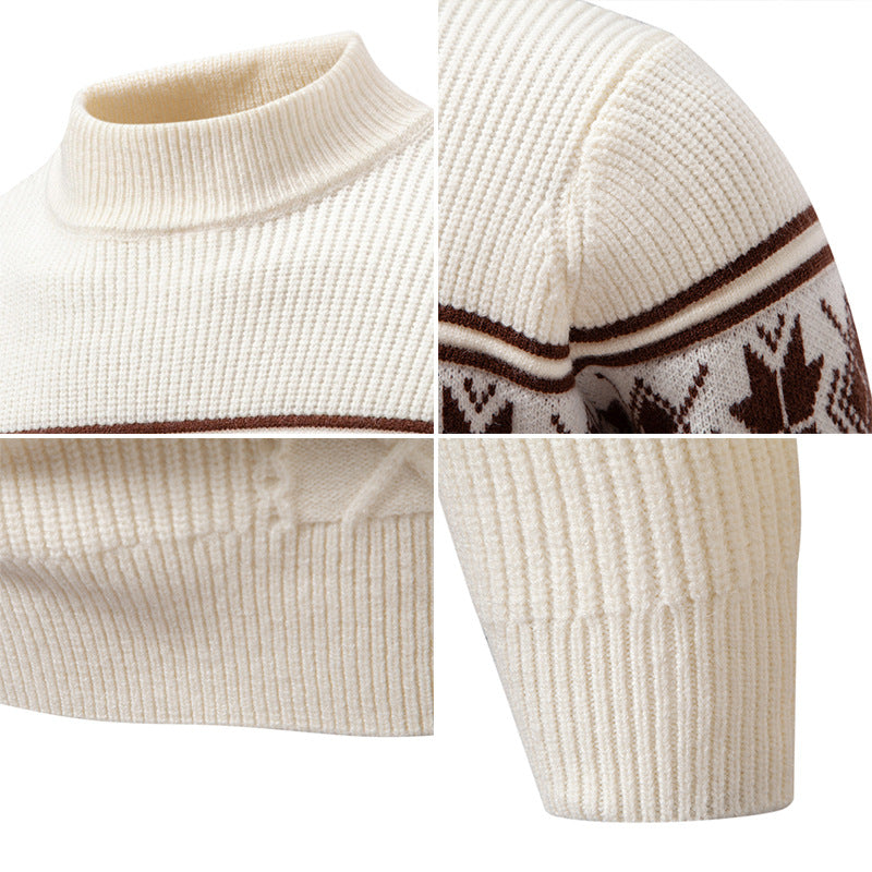 Men's Structured Knit Sweater Mock Neck Norwegian Snowflake Cable Textured
