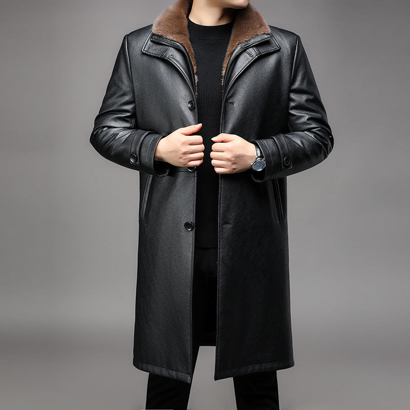 Men's Black Leather Long Coat Removable Fur Collar Thermal-Lined Button Winter Overcoat