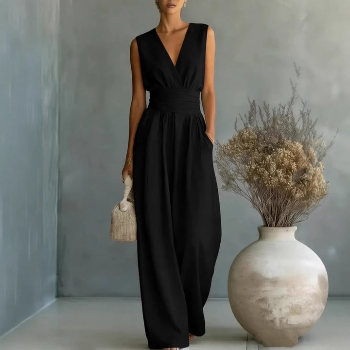 Women's Wide Leg Jumpsuit Sleeveless V-Neck Twist-Front Wrap Flowy Elegant