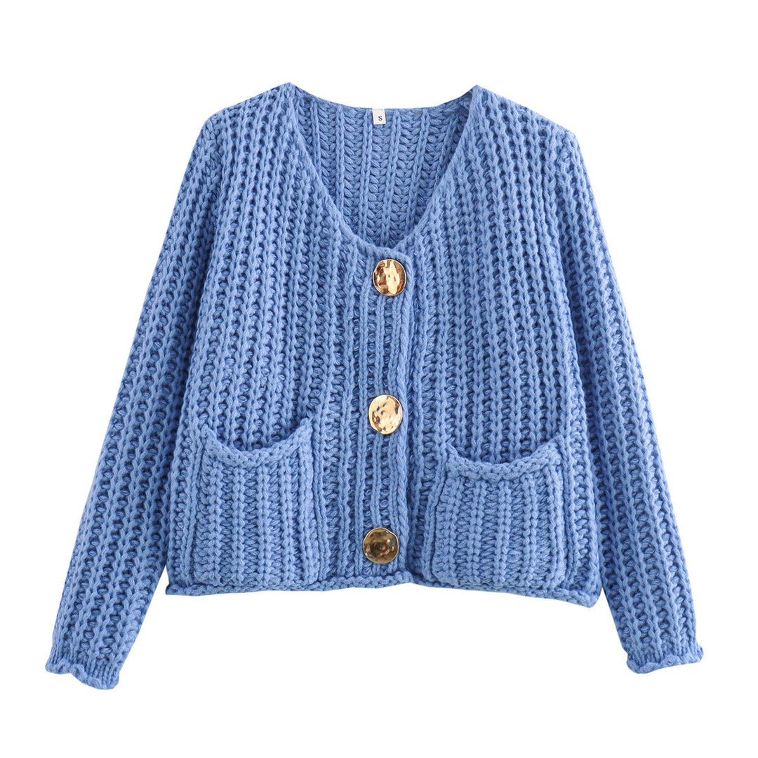Women's Chunky Ribbed Knit Cardigan V-Neck Patch Pockets Statement Buttons