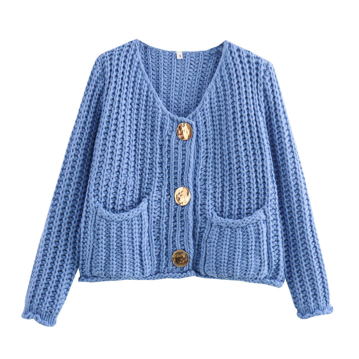 Women's Chunky Ribbed Knit Cardigan V-Neck Patch Pockets Statement Buttons