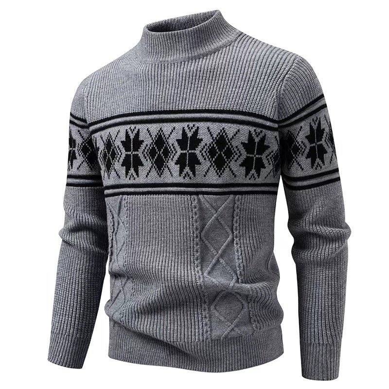 Men's Structured Knit Sweater Mock Neck Norwegian Snowflake Cable Textured