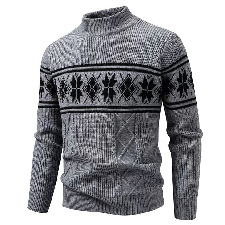 Men's Structured Knit Sweater Mock Neck Norwegian Snowflake Cable Textured