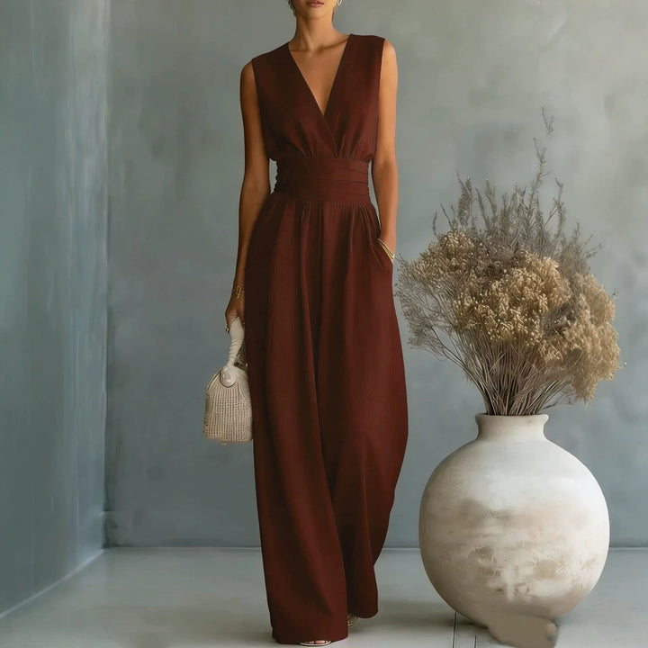Women's Wide Leg Jumpsuit Sleeveless V-Neck Twist-Front Wrap Flowy Elegant