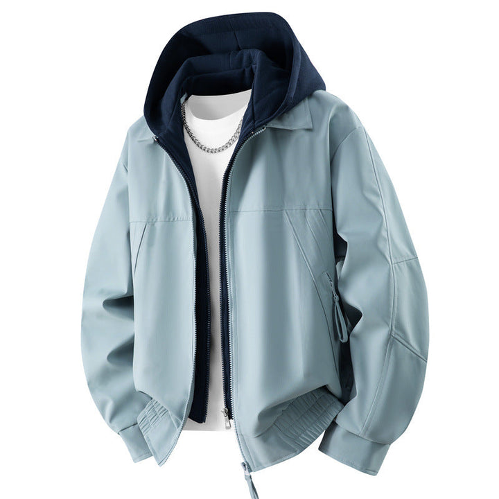 Men's Layered Bomber Jacket Hooded Inner Two-Way Zip Ribbed Casual Winter