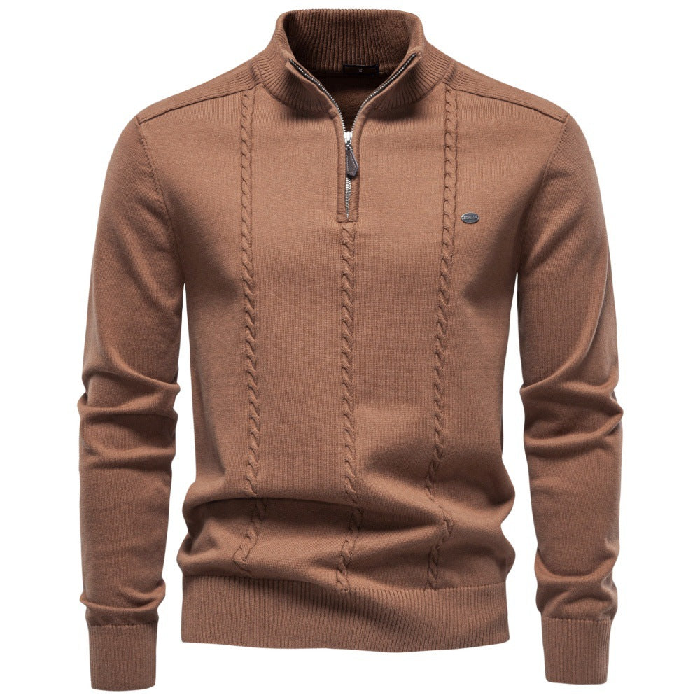 Men's Half-Zip Knit Sweater Vertical Cable Stand Collar Relaxed