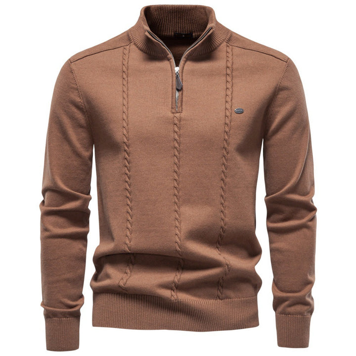 Men's Half-Zip Knit Sweater Vertical Cable Stand Collar Relaxed