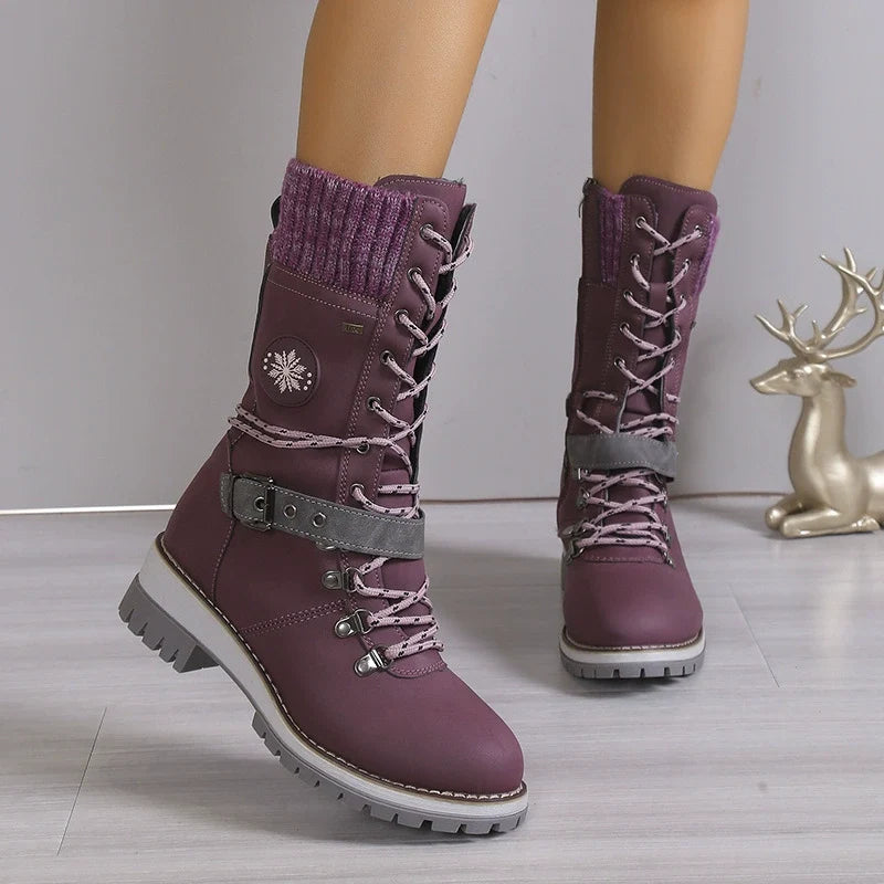 Women's Snow Boots Lace-Up Buckle Knit-Cuff Non-Slip Winter Warm