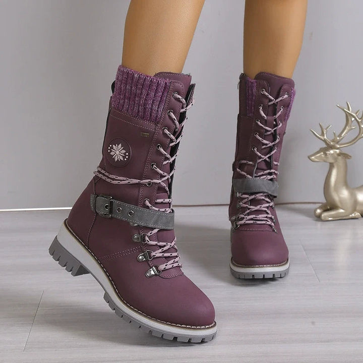 Women's Snow Boots Lace-Up Buckle Knit-Cuff Non-Slip Winter Warm