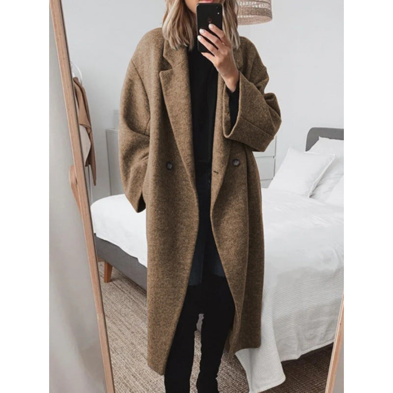 Women's Oversized Double-Breasted Wool-Blend Coat Notch Lapel Longline Winter