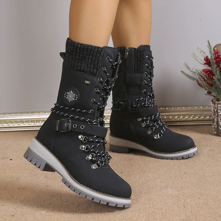 Women's Snow Boots Lace-Up Buckle Knit-Cuff Non-Slip Winter Warm