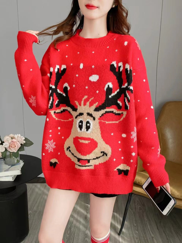Women's Tacky Christmas Sweater Reindeer Graphic Festive Holiday Red