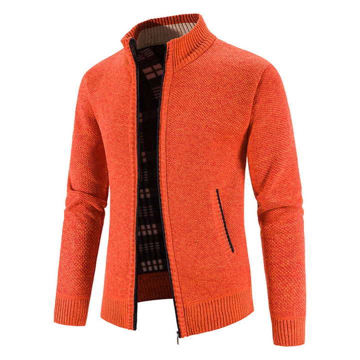 Men's Knit Cardigan Full-Zip Stand Collar Checked-Lined Zip-Pocket Slim