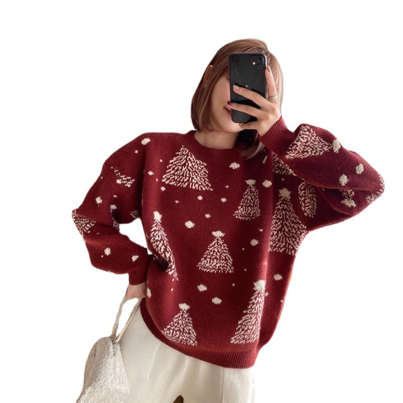 Women's Festive Christmas Sweater Tree Print Crewneck Oversized Holiday