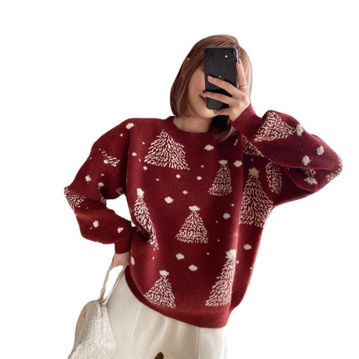 Women's Festive Christmas Sweater Tree Print Crewneck Oversized Holiday