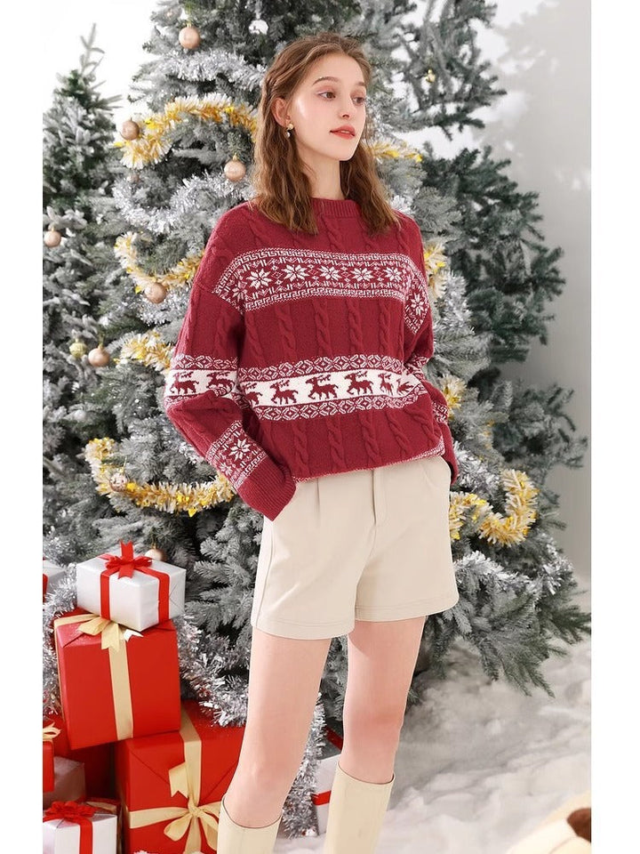 Women's Festive Christmas Sweater Fair Isle Reindeer Crewneck Holiday Red