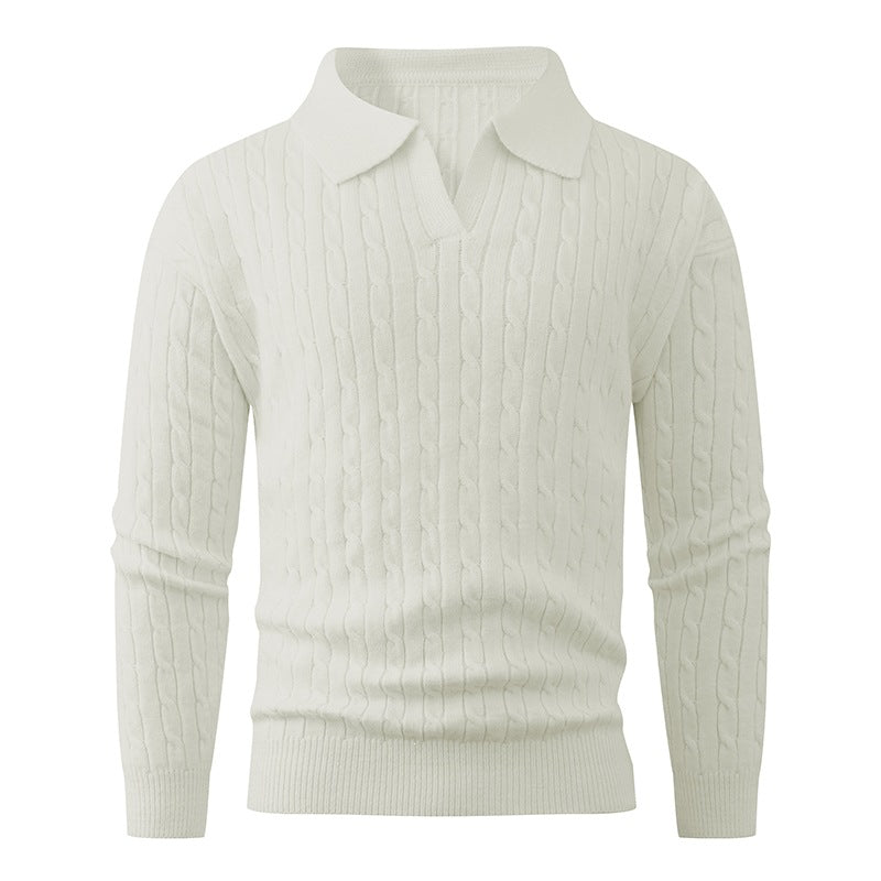Men's Cable Knit Polo Sweater V-Neck Collared Textured Relaxed
